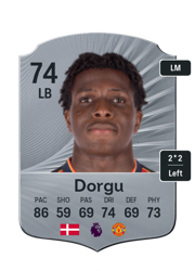 Patrick Dorgu's FC26 Ultimate Team card - 74 OVR LB with 2-star skills, showing pace 86, shooting 59, passing 69, dribbling 74, defending 69, physicality 73
