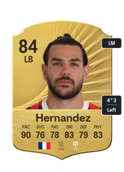 Theo Hernandez's FC26 Ultimate Team card - 84 OVR LB with 4-star skills, showing pace 90, shooting 76, passing 78, dribbling 83, defending 79, physicality 83