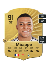 Kylian Mbappe's FC26 Ultimate Team card - 91 OVR ST with 5-star skills, showing pace 97, shooting 90, passing 81, dribbling 92, defending 37, physicality 76