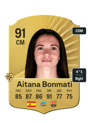 Aitana Bonmati's FC26 Ultimate Team card - 91 OVR CM with 4-star skills, showing pace 85, shooting 87, passing 86, dribbling 91, defending 77, physicality 75